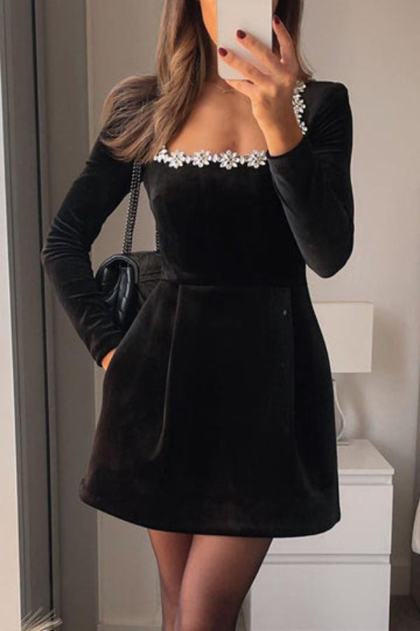 Velvet Jewel Embellished Trim Long Sleeve Pocketed Mini Dress